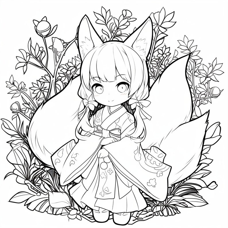Printable Anime Fox Girl/boy Adult Coloring Book: Captivating Designs ...