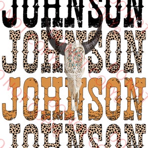 Johnson PRINTS ONLY bull skull leopard rustic vintage orange sublimation design country guitar last name image