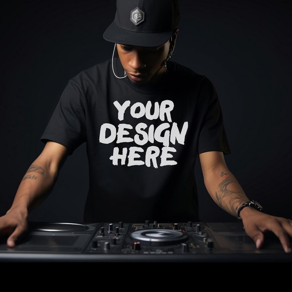 Music Producer Black Shirt Mockup Male Model DJ Shirt Mock Up Black Mens TShirt Mockups Dee Jay T-Shirt Mocks Black Male Model Tee Shirt POD