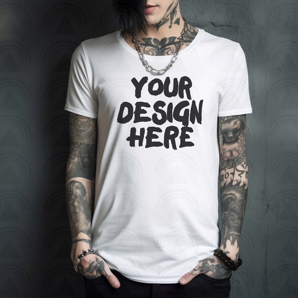 Androgynous Alternative Model T Shirt Mockup Heavy Metal Shirt Mockup Blank White Shirt Template Unisex Shirt Mockup Tattooed Arms