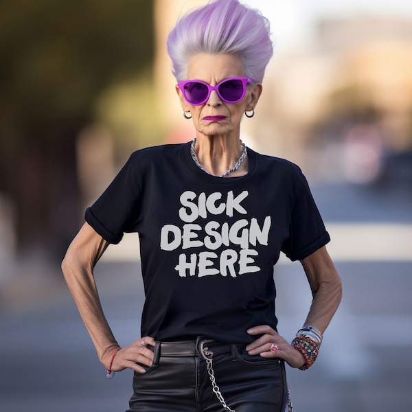 Punky Old Lady black Shirt Mockup Old Person Shirt template Black Punk Rock TShirt Mock up womens Purple Hair Shirt Mockup Old female model