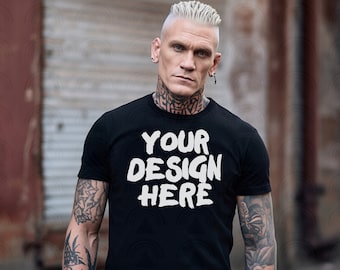 Tattooed Metal Music Mockup Black Shirt Mockup Goth T Shirt Mock Up Rock Music T Shirt Mockup Underground Shirt Mockup Black TShirt Male