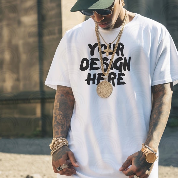 Rapper Shirt Mockup With Large Gold Chain White Shirt Mockup Rap Theme TShirt Mockup Bling Hip Hop Rapper White Shirt Mockup Tall Tee Mockup