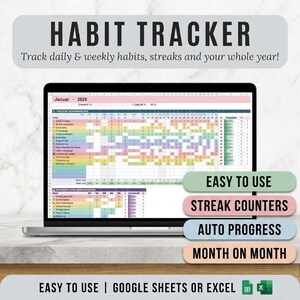 Könnte beinhalten: Ein digitaler Gewohnheitstracker auf einem Laptop-Bildschirm mit einem farbenfrohen Tabellenlayout für Januar 2026. Die Benutzeroberfläche enthält Abschnitte für tägliche und wöchentliche Gewohnheiten, Streak-Zähler und Fortschrittsbalken.