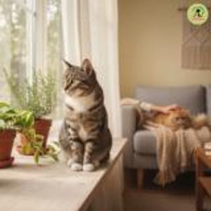 May include: A tabby cat with brown and gray stripes sits on a windowsill, looking out. Potted plants are to the left. In the background, a ginger cat rests on a gray sofa. A cozy indoor scene with natural light.
