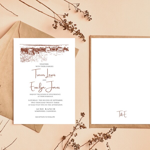 Grazing Cattle Wedding Invitation Card - Western Suite Template Download Canva