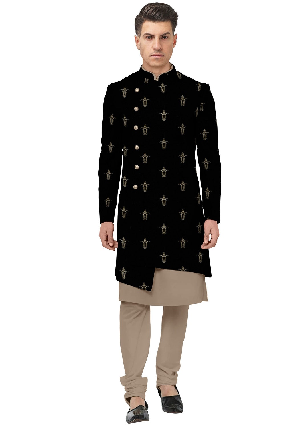 Men’s Black & Pink Self-Design Sherwani Set – Elegant Ethnic Wear | Indiaista main image 0