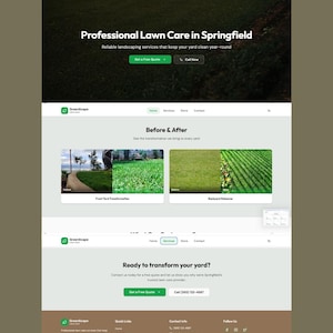 Puede incluir: Un diseño de sitio web para GreenScape Lawn Care que presenta una sección principal con el texto Professional Lawn Care in Springfield, una galería de antes y después de transformaciones de jardines, una sección de acción y pie de página.
