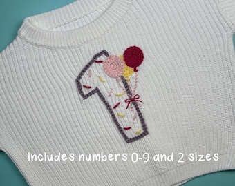 Party Numbers Hand Embroidery Pattern, Birthday Number Stick and Stitch, Balloon Design, First Birthday Outfit Pattern, DIY Shirt Embroidery