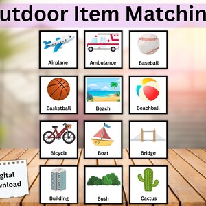 Flashcards de artículos al aire libre para preescolar, 84 tarjetas imprimibles para aprender nuevos objetos, combinar nombres con tarjetas de objetos para niños