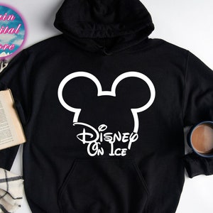 May include: Black hoodie with a white Mickey Mouse silhouette and the text "Disney on Ice" printed on the front.