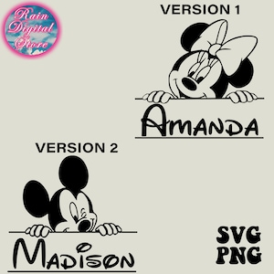 May include: Two versions of a black and white Minnie Mouse character peeking over a sign with a name. Version 1 features Minnie Mouse with a bow and the name "Amanda". Version 2 features Minnie Mouse without a bow and the name "Madison".