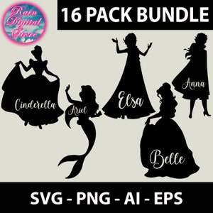 Könnte beinhalten: Ein Set mit 16 schwarzen Silhouette-SVG-Schnittdateien mit Disney-Prinzessinnen: Cinderella, Arielle, Elsa, Anna und Belle. Der Text "16 PACK BUNDLE" und "SVG - PNG - AI - EPS" ist ebenfalls im Bild enthalten.