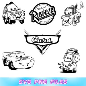 May include: Black and white line art of characters and logos from the animated movie "Cars." The image includes drawings of Lightning McQueen, Mater, and other characters, along with the "Cars" logo and the "Rust-eze" bumper ointment logo. The text "SVG PNG FILES" is at the bottom.