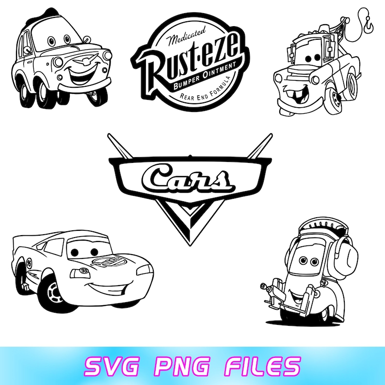 May include: Black and white line art of characters and logos from the animated movie "Cars." The image includes drawings of Lightning McQueen, Mater, and other characters, along with the "Cars" logo and the "Rust-eze" bumper ointment logo. The text "SVG PNG FILES" is at the bottom.