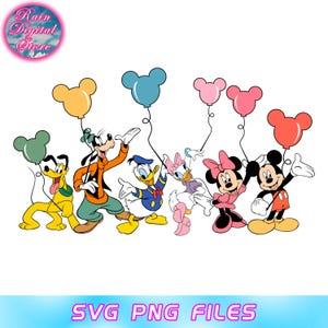 May include: A colorful illustration featuring Disney characters Pluto, Goofy, Donald Duck, Daisy Duck, Minnie Mouse, and Mickey Mouse. Each character holds a Mickey Mouse-shaped balloon in various colors. The text "SVG PNG FILES" is at the bottom.