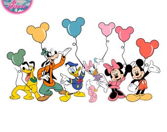Mouse and Friends PNG SVG, Mouse Donald Daisy Goofy Pluto Clipart, Birthday Balloon Cartoon Design, Kids Party Digital Download, Mouse Shirt