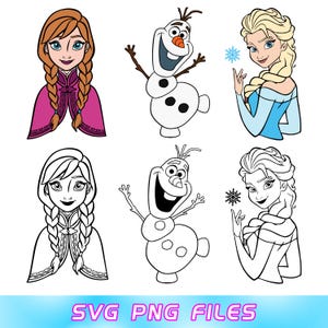 Könnte beinhalten: Digitale Illustration mit Charakteren aus dem Film "Die Eiskönigin". Das Bild zeigt Anna, Olaf den Schneemann und Elsa in Farbe und Schwarzweiß. Der Text "SVG PNG FILES" ist unten zu sehen.