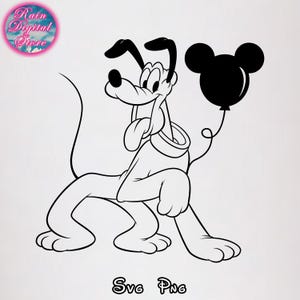 May include: Black and white cartoon illustration of Pluto, a dog character, holding a Mickey Mouse-shaped balloon. The dog is in a playful pose with its tongue out. The image includes the text "Svg Png".