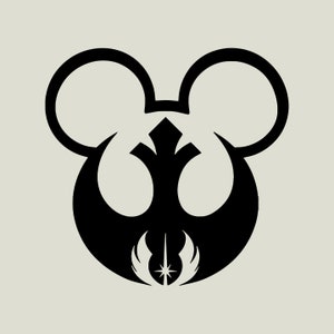 May include: Black and white illustration of a stylized Mickey Mouse head with the Rebel Alliance symbol from Star Wars inside the ears.