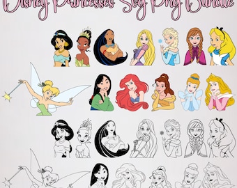 Princesses Svg Bundle, Princesses Silhouette Svg Files, Bundle Princesses Digital Download with Outlines Svg