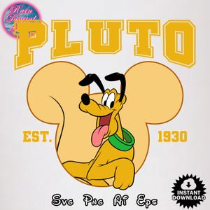 May include: A yellow cartoon dog with a green collar, named Pluto, is inside a yellow Mickey Mouse ear shape. The text "PLUTO" is in yellow letters with a black outline above the dog. The text "EST. 1930" is below the dog.