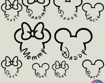 Op de afbeelding: Zwart-witte omtrek van Mickey Mouse hoofd met verschillende tekst in elke omtrek. De tekst omvat "Mommy", "Daddy", "Grandma", "Grandpa", "Auntie", "Uncle", "Sister", "Brother", "Baby" en "Baby".
