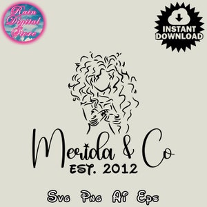 May include: Black and white line art illustration of a woman with long curly hair. The text "Merida & Co EST. 2012" is below the illustration. The words "Svg Png Ai Eps" are below the text.