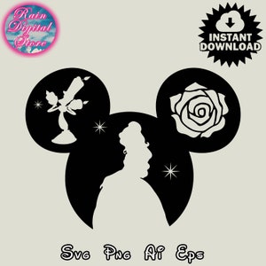 May include: Black and white silhouette design of a Disney princess, a rose, and a candlestick. The design is in the shape of Mickey Mouse ears.