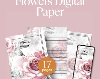 Bloemen digitaal papier, afdrukbare papierset, digitale schrijfpapierset - 3 unieke ontwerpen op gelinieerde en ongevoerde pagina's, hoogwaardige JPG's