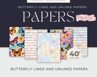 40 Schmetterling Papiere, Liniertes und Unliniertes Papier, Digital Junk Journal Kit, Bastelbedarf, A4 Papier, Journal Stationär