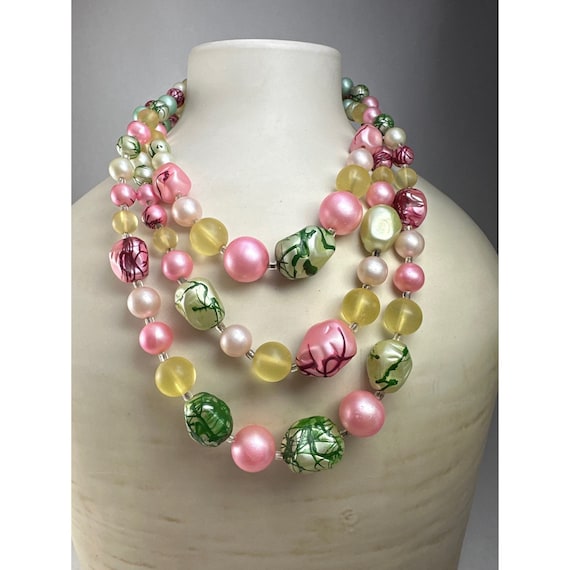 Vintage Frosted Pastel Triple Strand Necklace