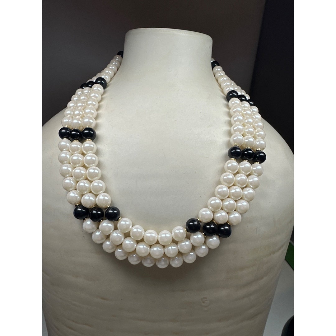 Vintage Threestrand Faux Pearl Necklace With Black Striples Etsy