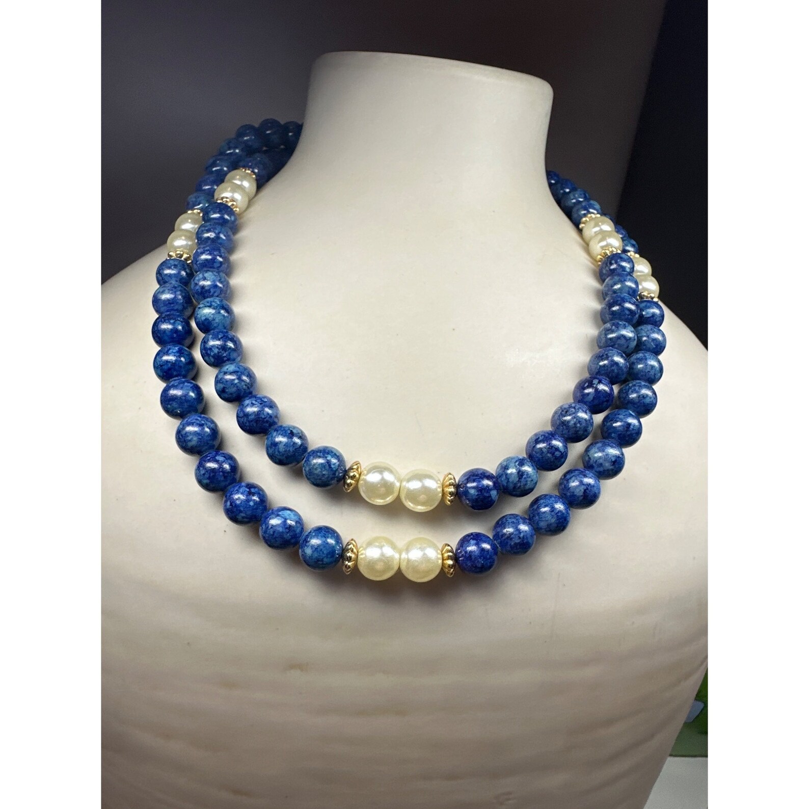 Vintage Marbelized Blue Strand Necklace With Faux Pearls - Etsy