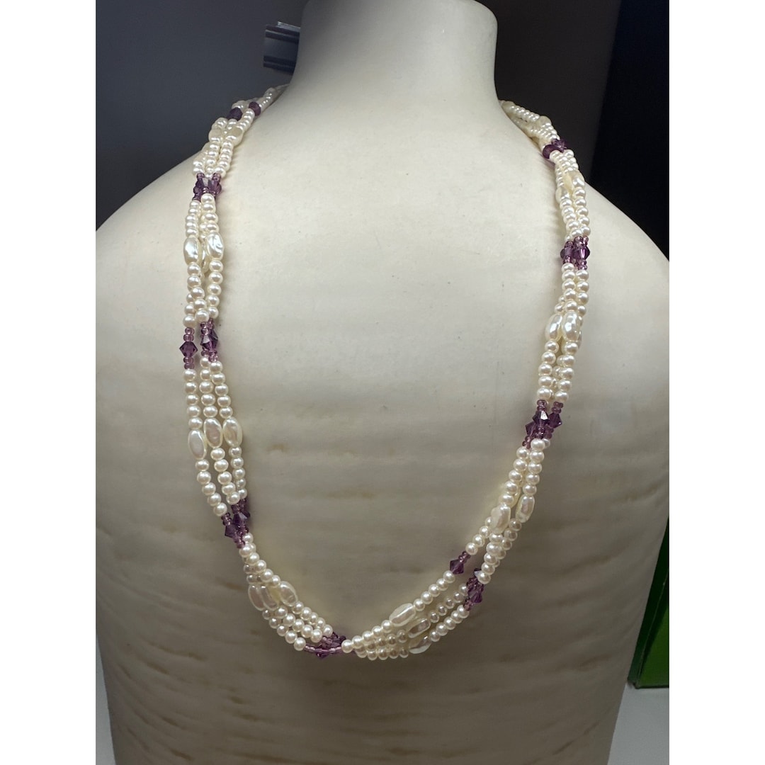 Vintage Threestrand Faux Pearl and Purple Crystal Necklace Etsy