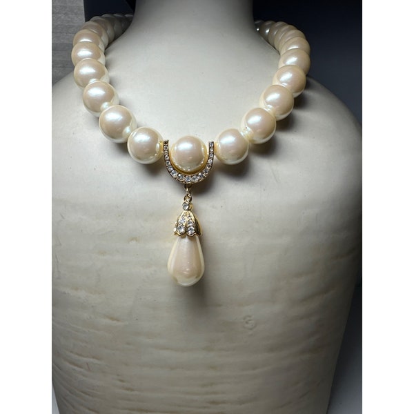 Vintage Marvella Faux Pearl Necklace with Rhinestone Accents