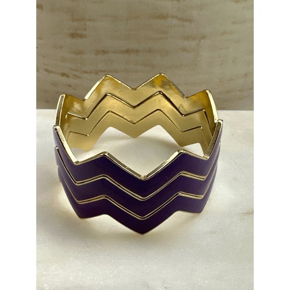 Three Gold-toned Purple Zig Zag Stacking Bangles.… - image 3