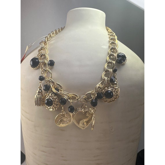 Vintage Goldtone & Black Charm Necklace - image 1