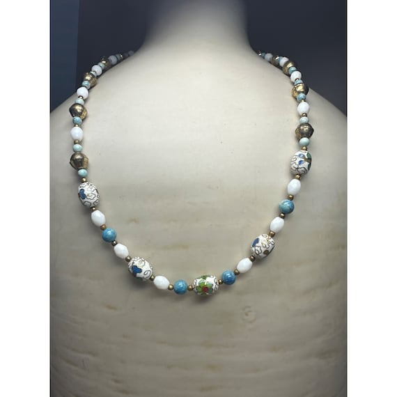 Vintage Blue and Cloisonne Bead Necklace - image 1