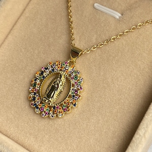 Virgin Mary Necklace Gold Stainless Steel, Miraculous Medal, Catholic jewelry, Religious jewelry