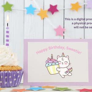 Printable Happy Birthday Card, &quot;Happy Birthday, Sweetie&quot; Unicorn Cat