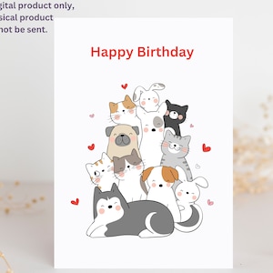 Carte de joyeux anniversaire à imprimer avec un adorable groupe de chiens et de chats