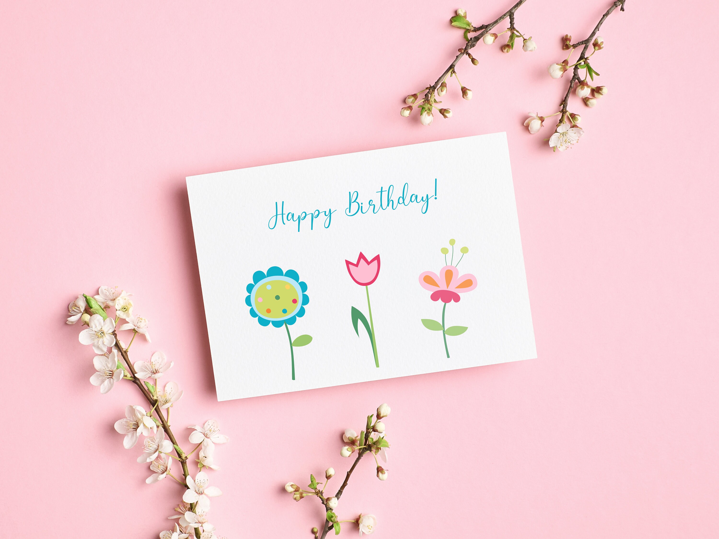 Printable Happy Birthday Card With Adorable Bright Flowers - Etsy