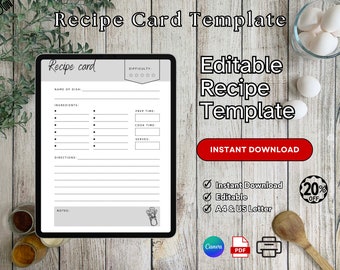 Recipe Card template, Editable, Recipe Template, Recipe Cards Printable, Simple, Retro, A4, us, Insert, Minimal, Recipe Box, Sheet, Book