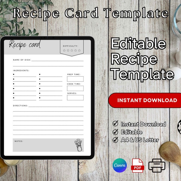 Recipe Card template, Editable, Recipe Template, Recipe Cards Printable, Simple, Retro, A4, us, Insert, Minimal, Recipe Box, Sheet, Book