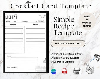 Cocktail Recipe Card Template, Personalized Recipe Card, Bar Drink Recipe Card, Printable Recipe Card, Recipe Card