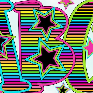 Alfabeto y números con rayas multicolor neón, prensa térmica, termoadhesivo, HTF, impresión, letras de rayas brillantes, descarga digital, letras neón