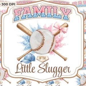 May include: A baseball-themed design with the word "FAMILY" in pink and blue. A baseball, crossed bats, and a blue baseball cap are featured. The text "Little Slugger" is also present, along with other family-related words.