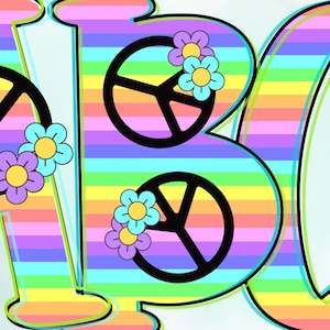 Conjuntos de alfabeto e números de arco-íris pastel brilhante, sinal de paz retrô, prensa térmica, passar a ferro, HTF, impressão, download digital, letras hippie PNG