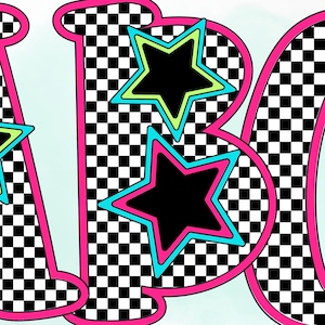 Ensembles d'alphabets et de chiffres rétro en damier multicolore néon, presse à chaud, fer à repasser, HTF, impression, téléchargement numérique, lettres rétro PNG